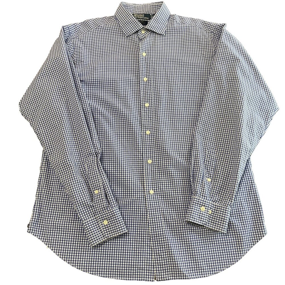 VTG Polo By Ralph Lauren Dress Shirt Mens 17|XL Blue Gingham‎ Regent Classic Fit